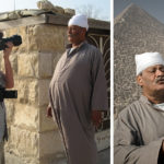 Gerhard Jörén, fotograf som jag rest mycket med, i arbete vid pyramiderna utanför Kairo, Egypten. Till höger den bild som Gerhard tog sekunden efter att han själv fotograferades.
