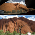 Profiilini Ulurua vasten, Gerhard Jörénin kuvaamana. Alakuvassa Gerhard Jörén minun kuvaamanani 500 miljoonaa vuotta vanhan Ulurun hiekkakivimonoliitin juurella.